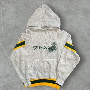 VTG Champion Hoodie Mens Small Grey Green Yellow Stripe Sleeve Logo‎ Pullover